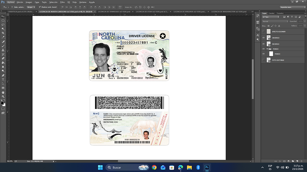 Miniatura: plantilla LICENCIA DE NORTH CAROLINA (USA v2) editable en photoshop PSD