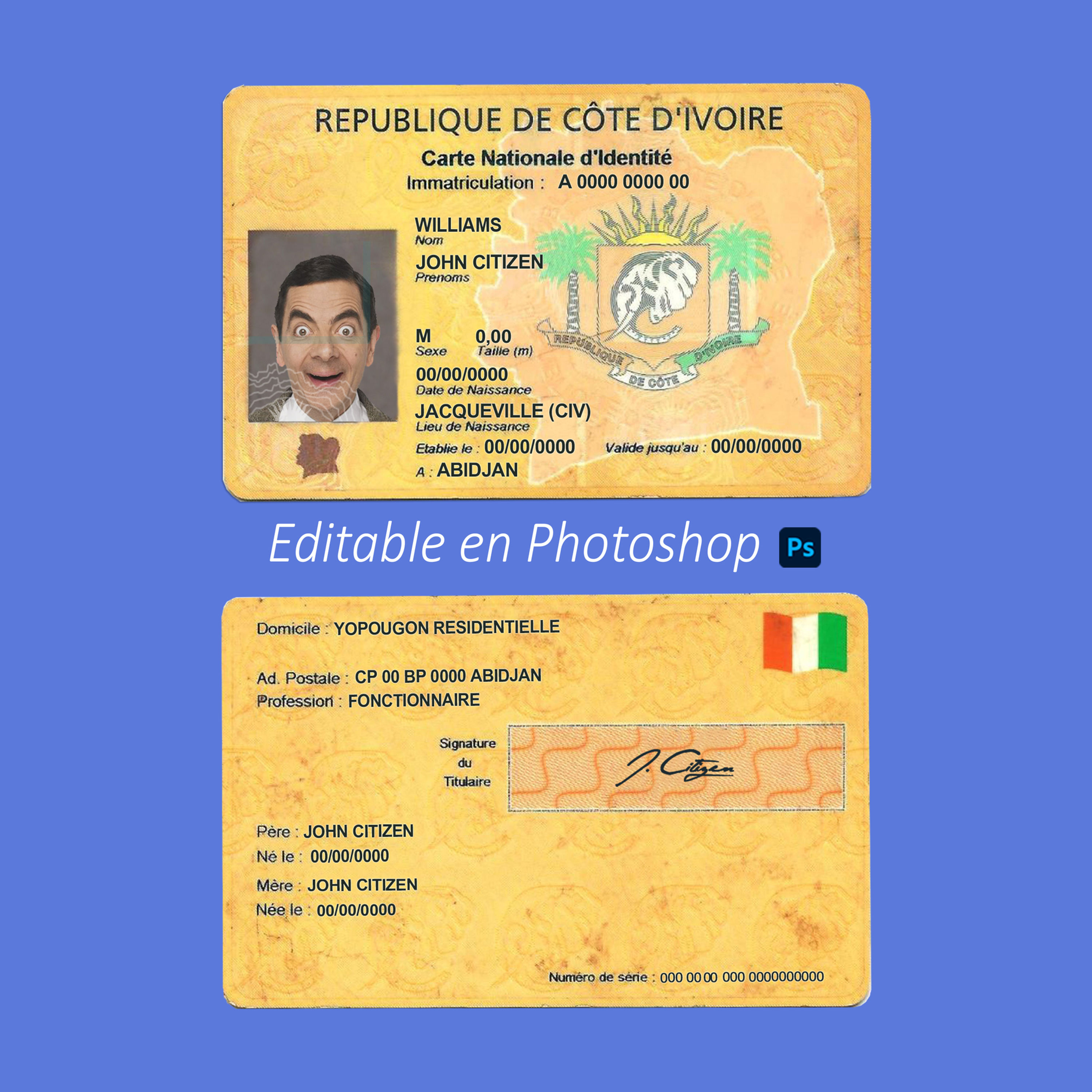 plantilla IDENTIFICACIÓN DE COSTA DE MARFIL editable en photoshop PSD