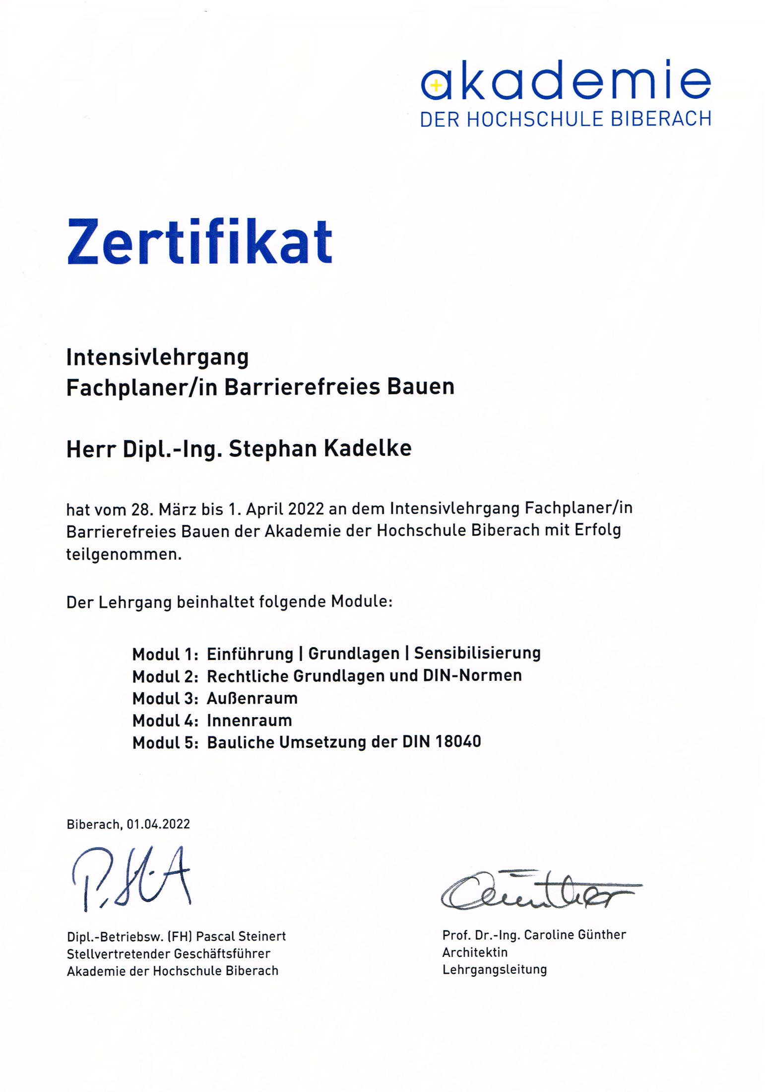 Zertifikat Fachplaner Barrierefreies Bauen