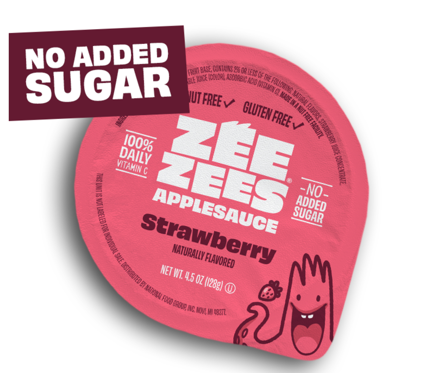 Zee Zees, Applesauce Cup, Strawberry, No Added Sugar, I/W, 4.5oz Case of 96
