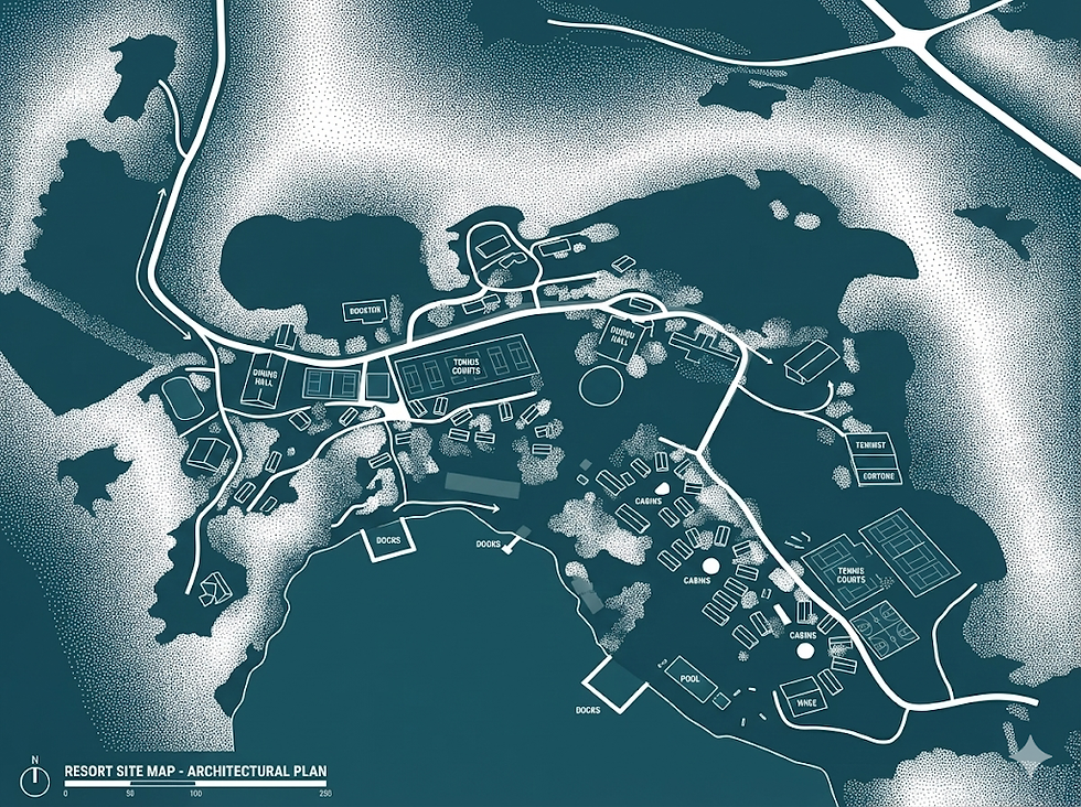 Aerial nighttime view of the expansive Starlight Retreats campus, highlighting the secluded luxury camp venue layout.