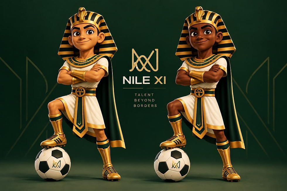 Two Egyptian-inspired football characters, one light-skinned and one dark-skinned, in NILE XI colors, standing together with a football in a premium illustration style on a dark background.