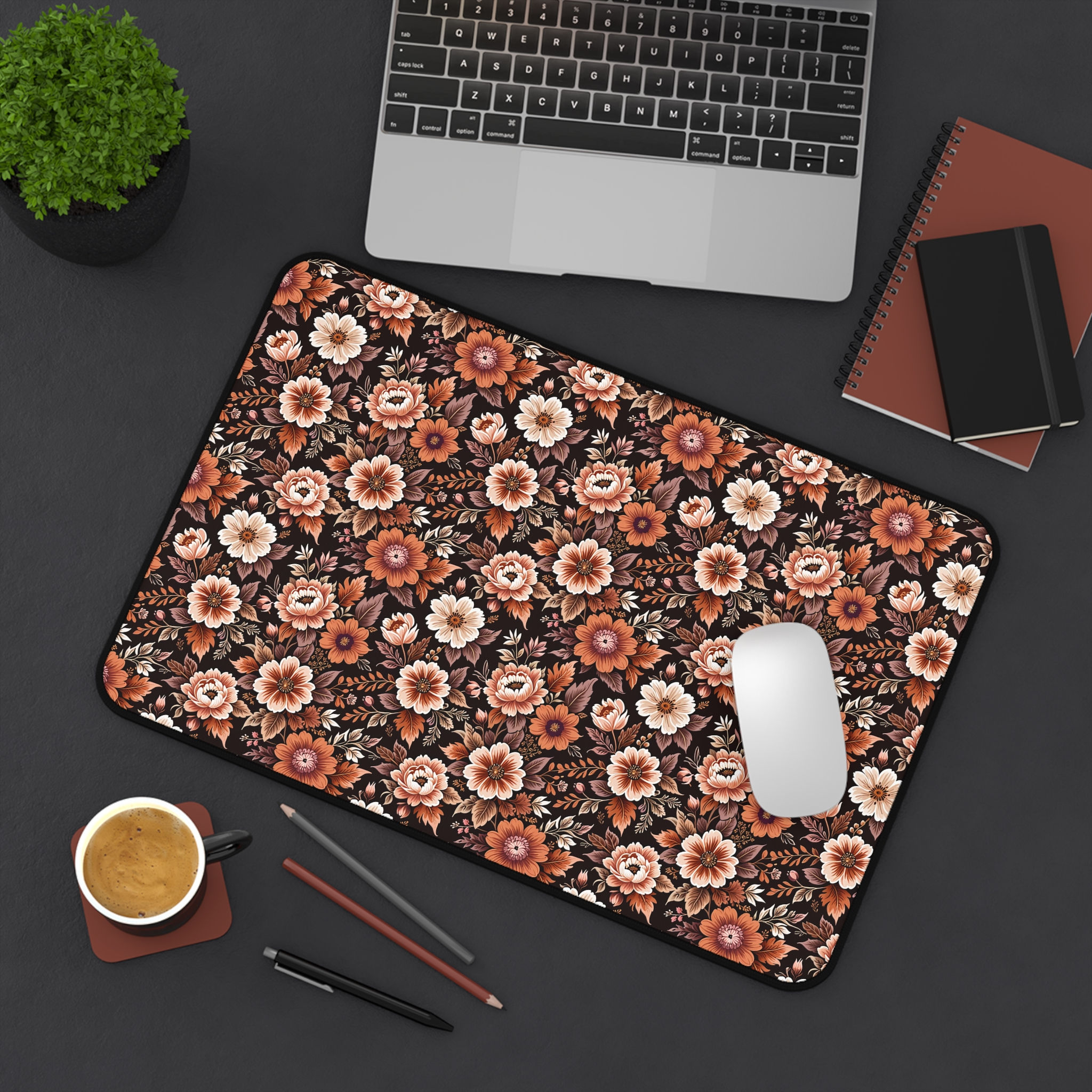 Vintage Brown Floral Desk Mat | Botanical Flower Pattern