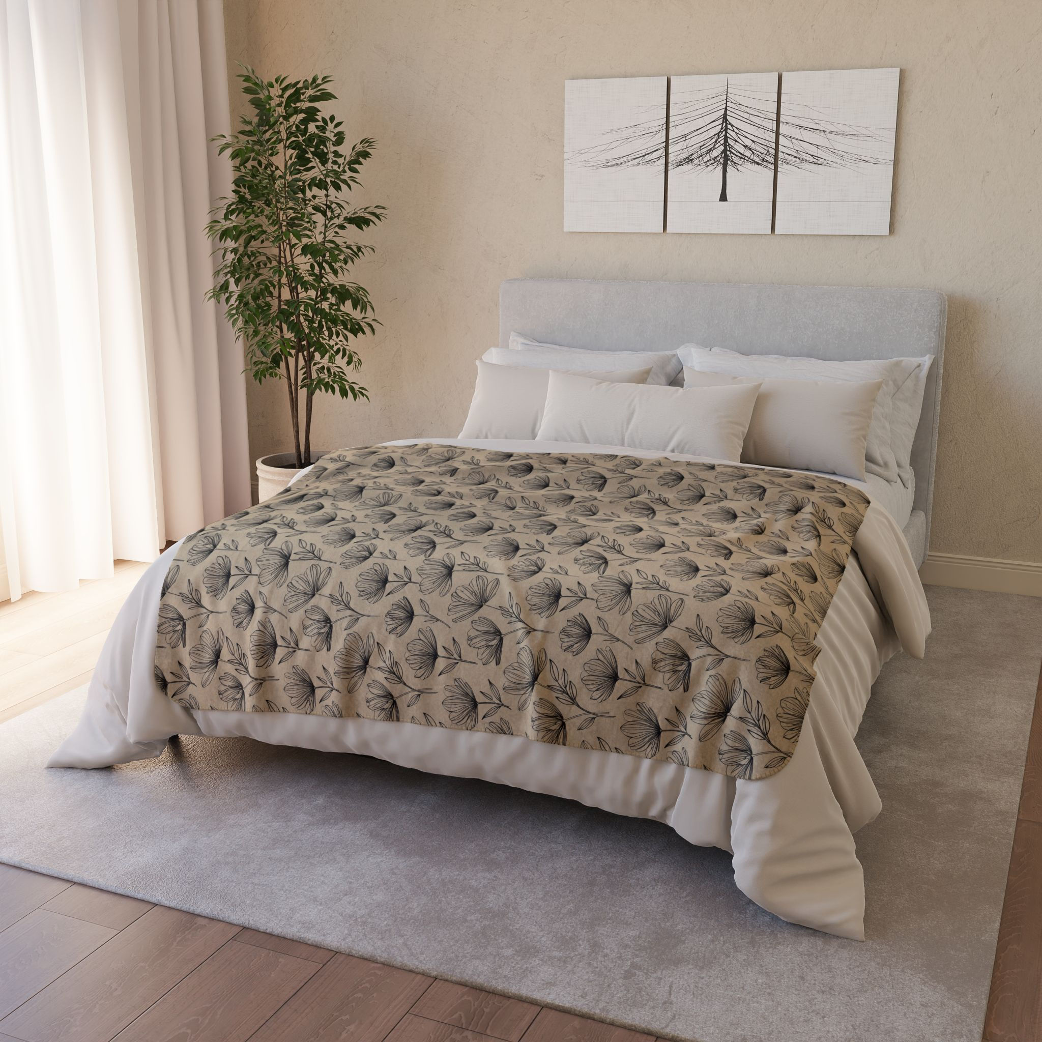 Sherpa Blanket — Neutral Botanical Ginkgo Fleece Throw
