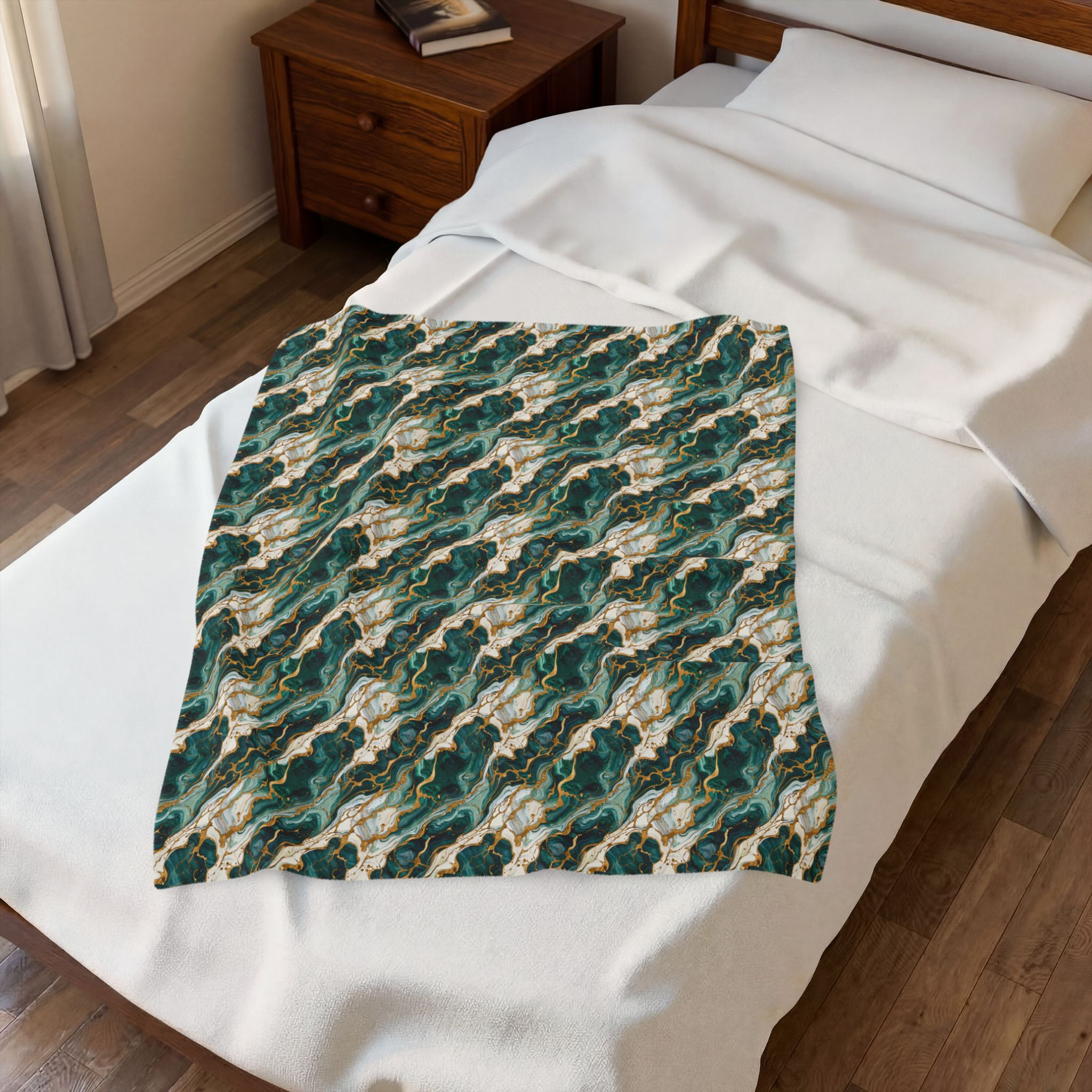 Teal Gold Marble Houndstooth Velveteen Plush Blanket