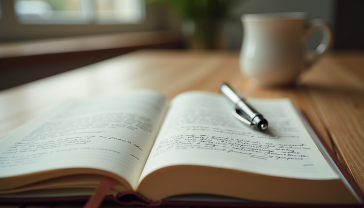 Eye-level view of an open journal with handwritten notes and a pen resting on a wooden table