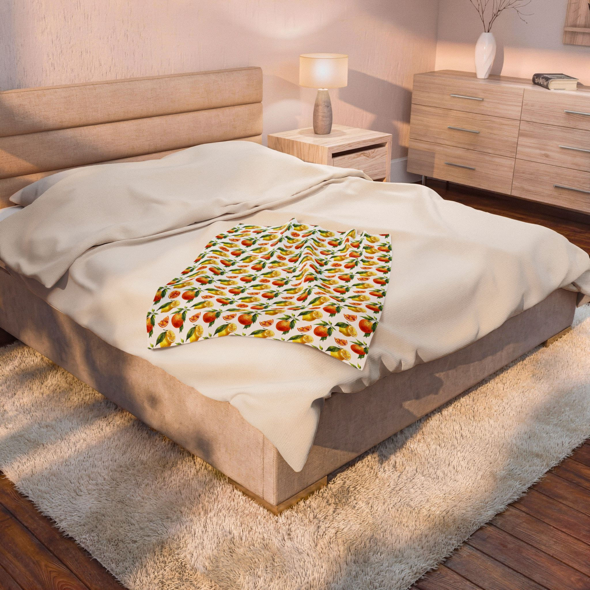 Peach & Lemon Velveteen Plush Blanket – Soft Fruit Pattern Throw