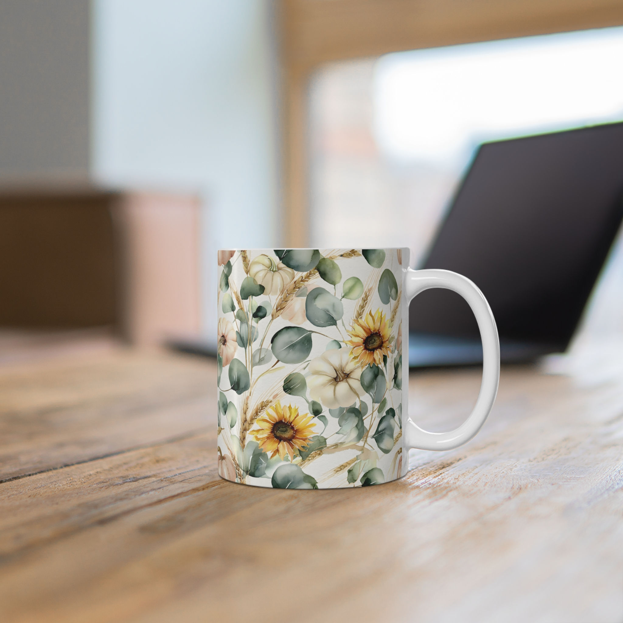 Sunflower & Eucalyptus Floral Mug — 11oz Botanical Coffee Cup