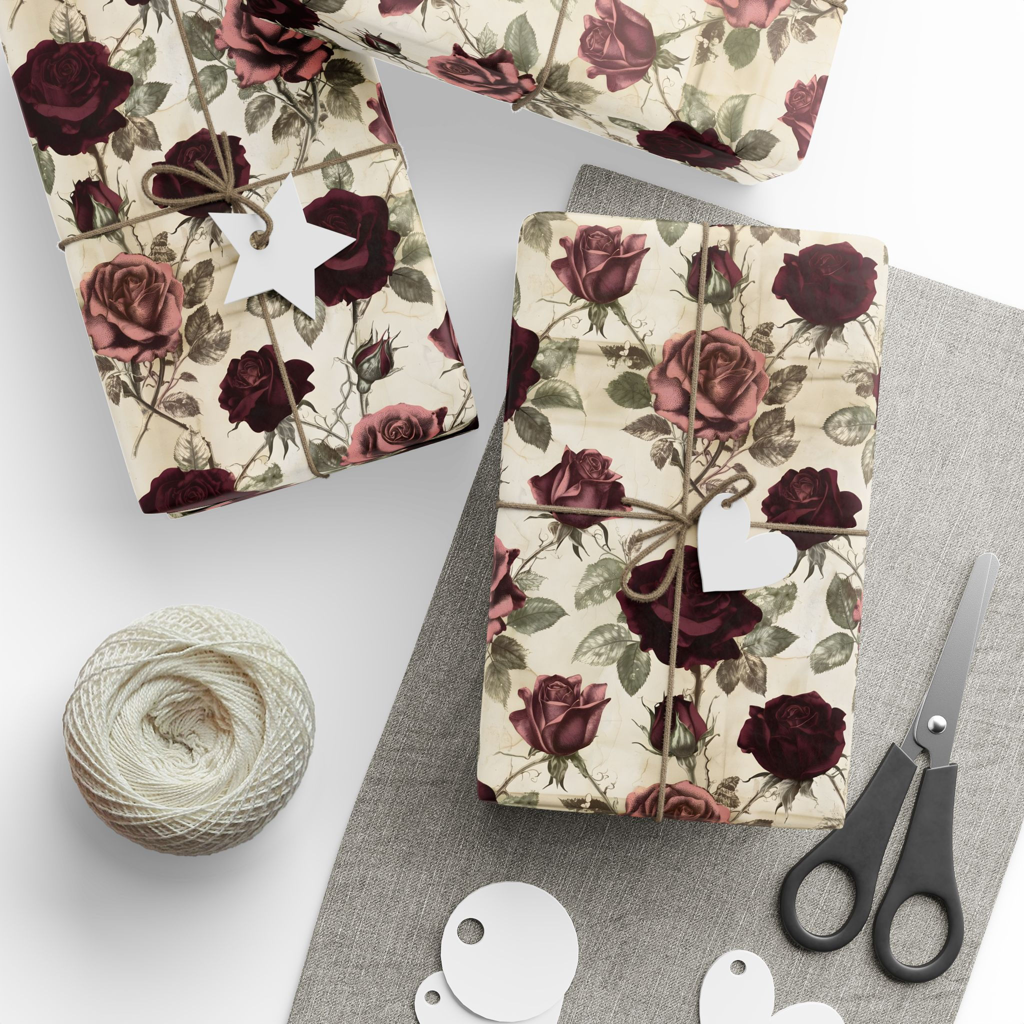 Floral Rose Wrapping Paper Roll — Vintage Burgundy Garden Gift Wrap