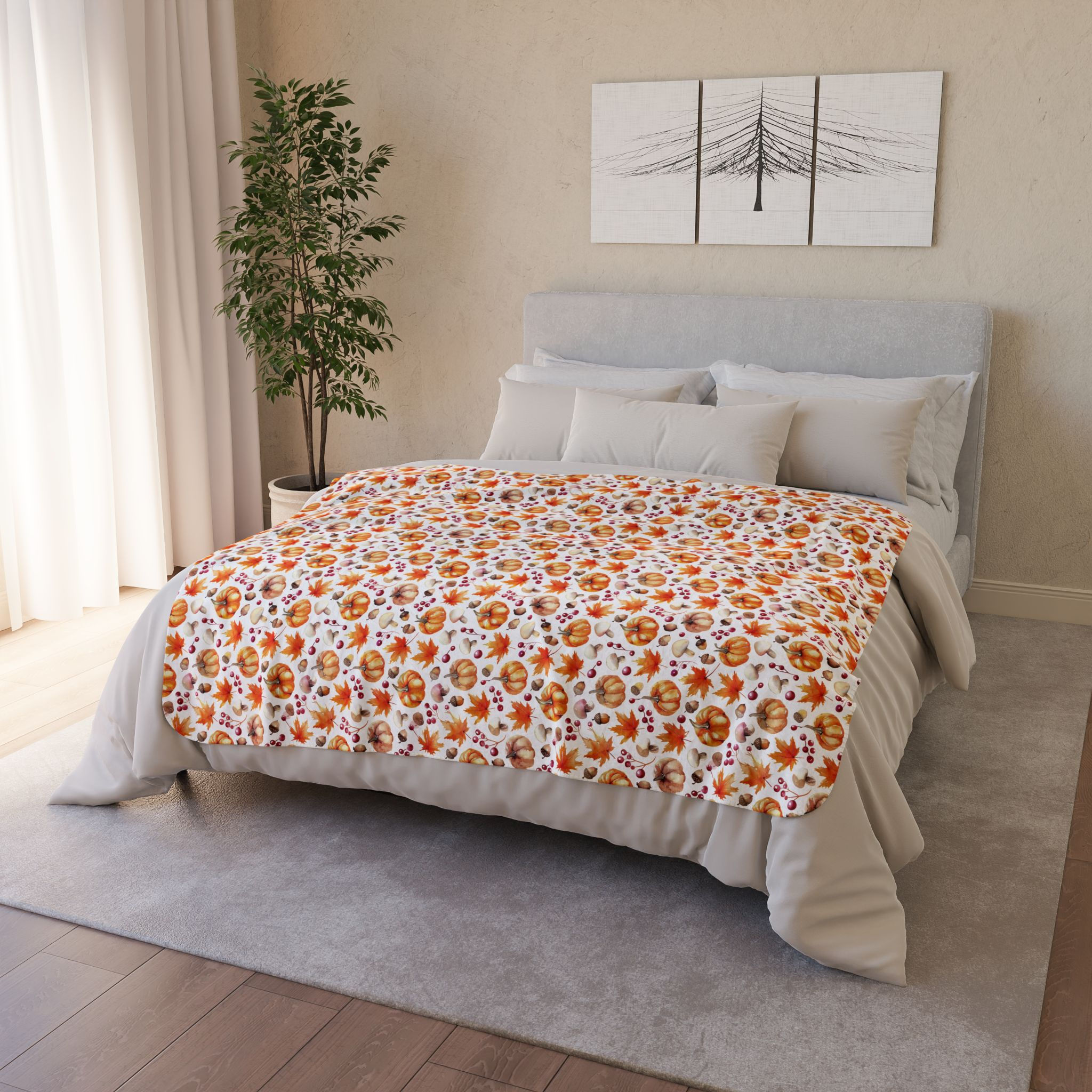 Autumn Pumpkin & Leaves Sherpa Blanket — Cozy Fall Throw