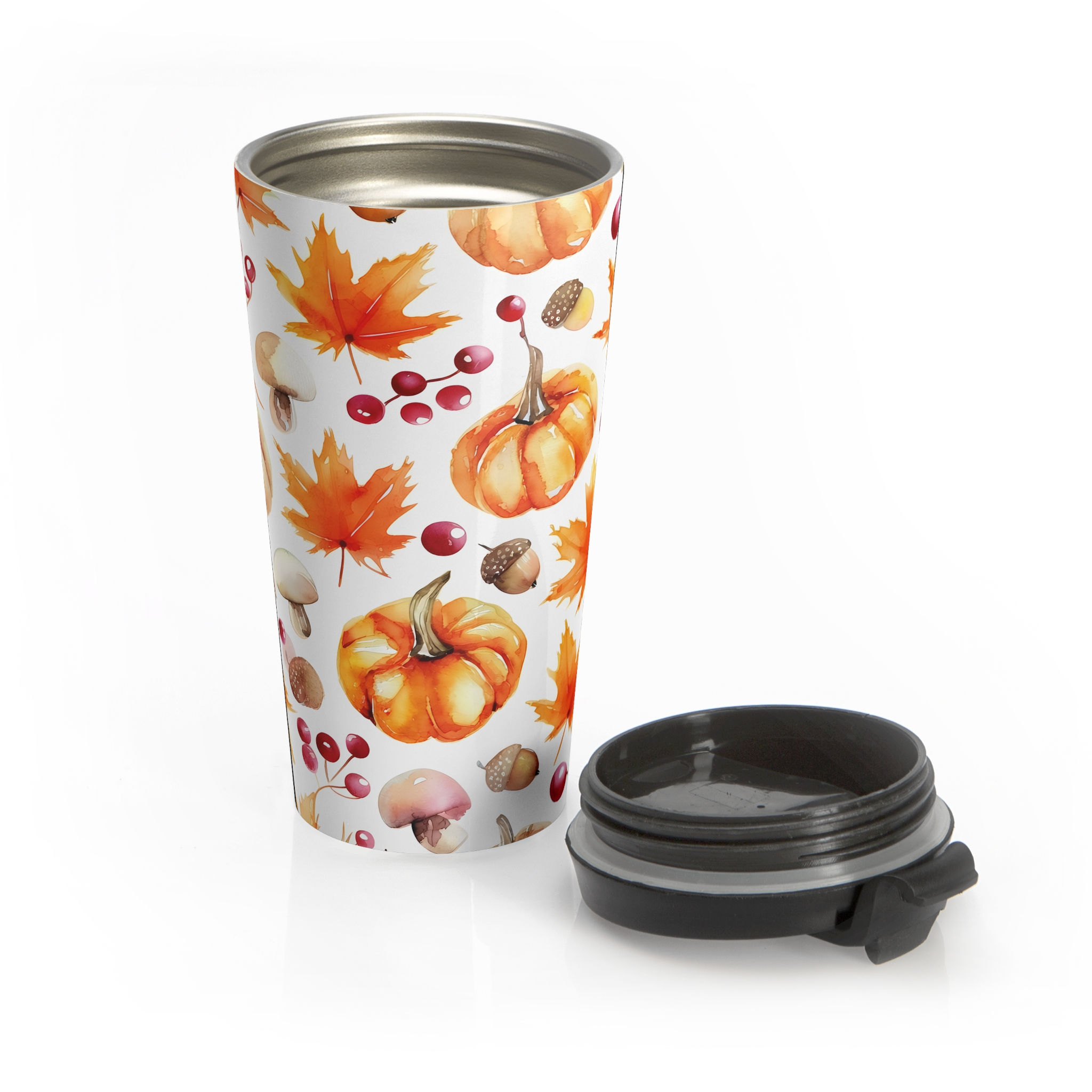 Autumn Harvest Travel Mug — Pumpkin, Maple Leaf & Acorn Stainless Steel Tumbler