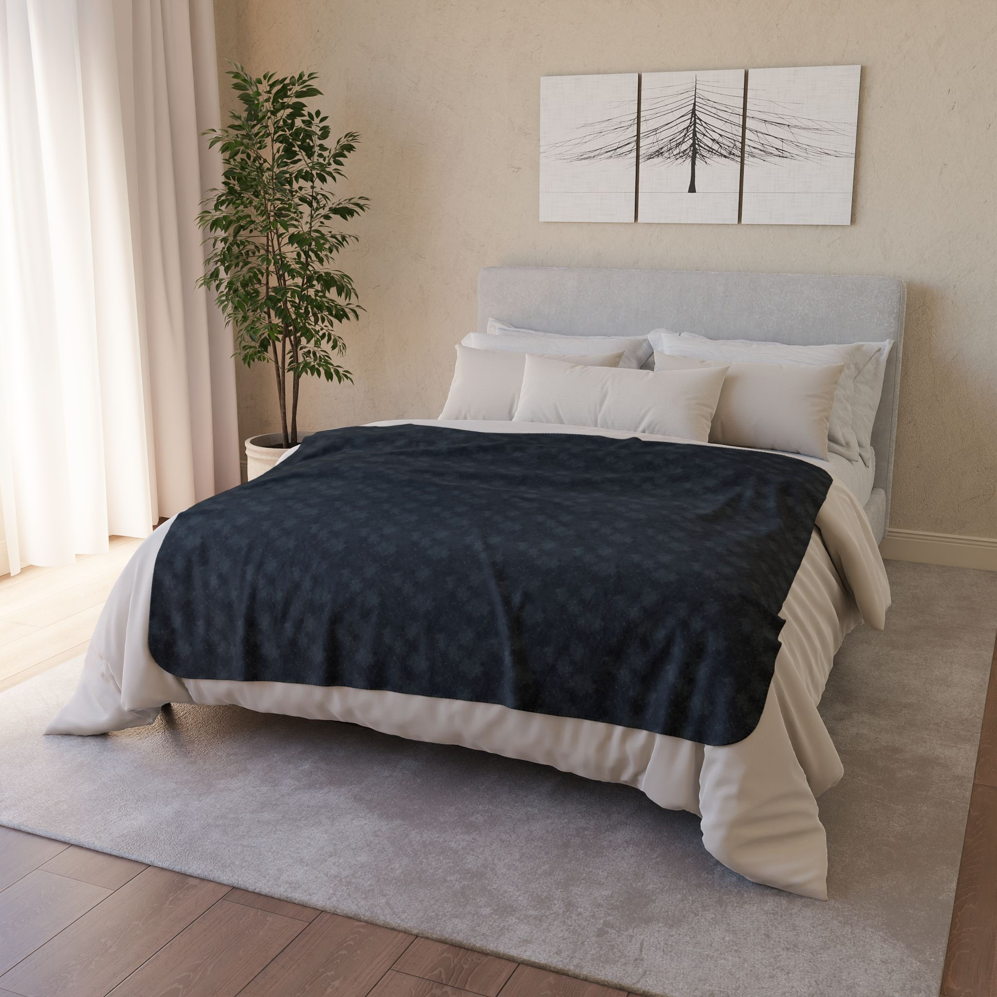 Dark Floral Pattern Fleece Sherpa Blanket | Navy Paw Print Throw