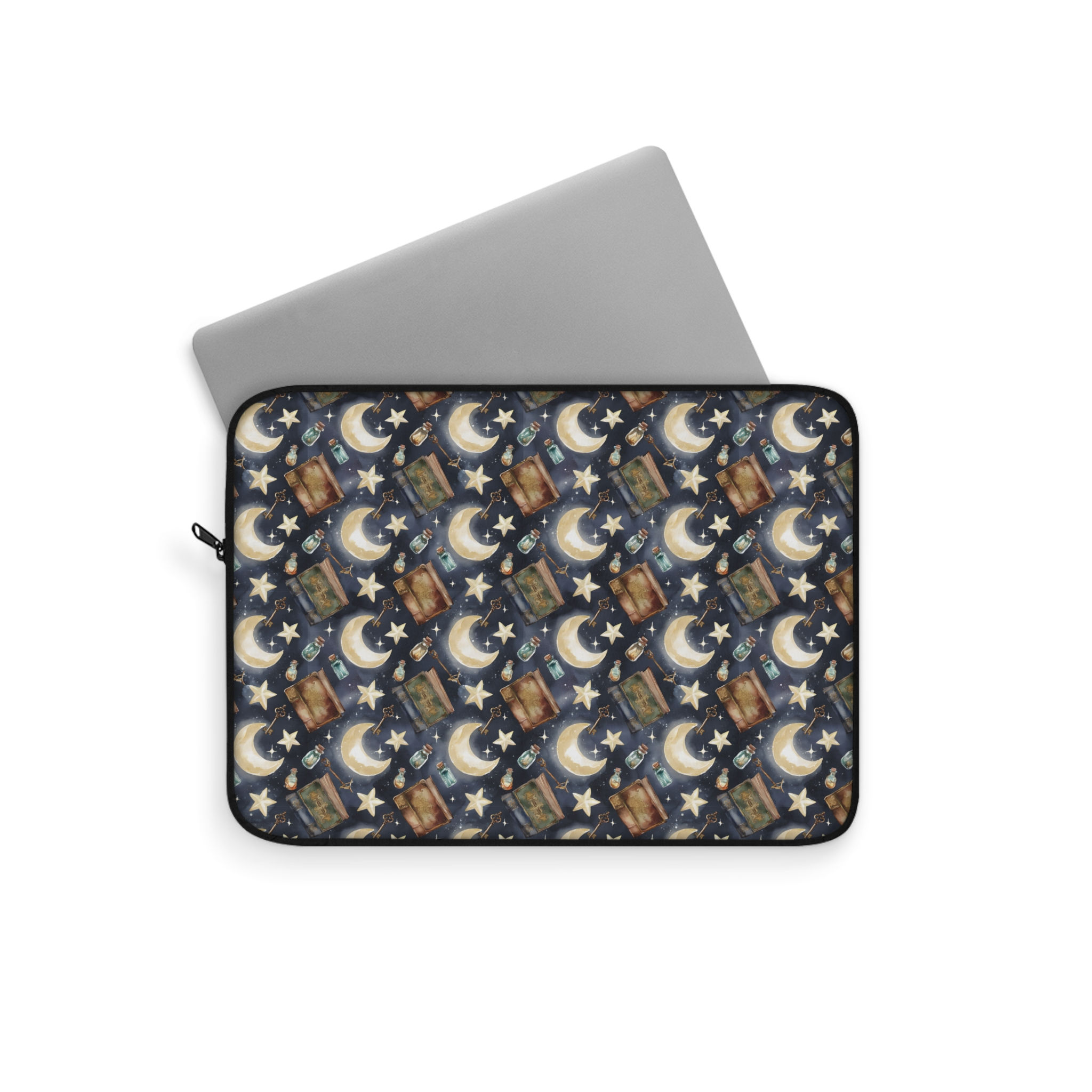 Mystic Night Laptop Sleeve — Crescent Moon, Stars & Vintage Books Pattern