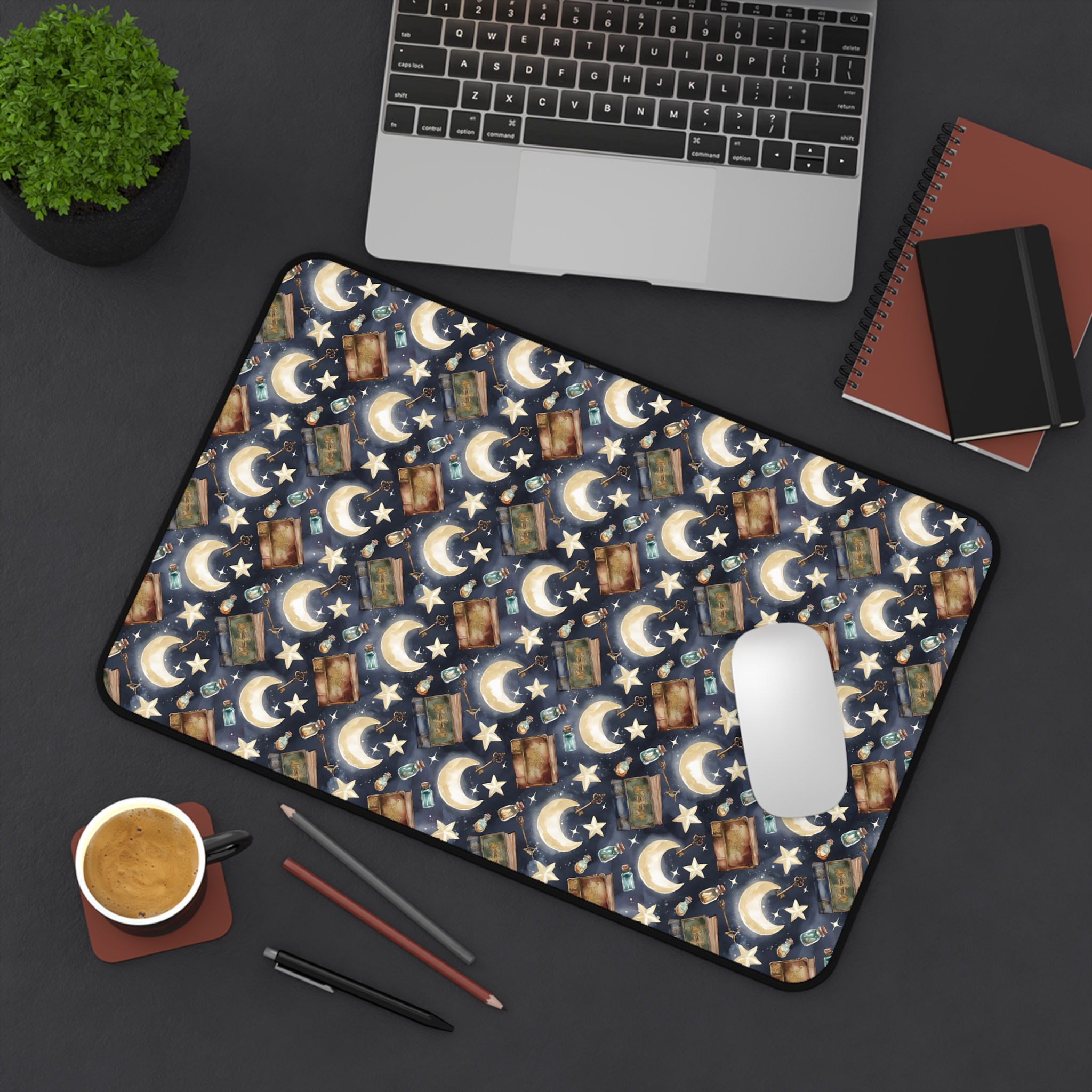 Celestial Reading Desk Mat — Moon, Stars & Vintage Books Pattern