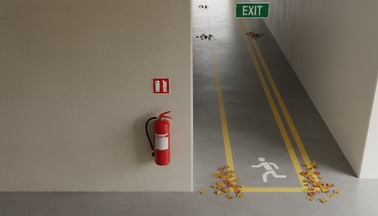 Overhead view of a fire extinguisher mounted beside a marked exit path.