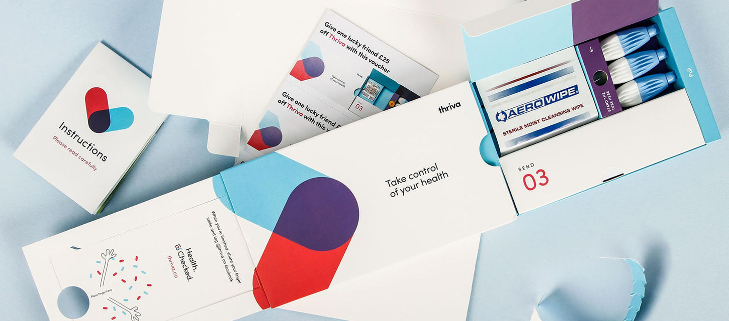 A colourful sliding
package design for Thriva
with numbered sections
holding a blood test kit
