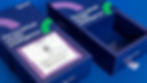 A blue sliding box with
purple and green printed
shapes and white text