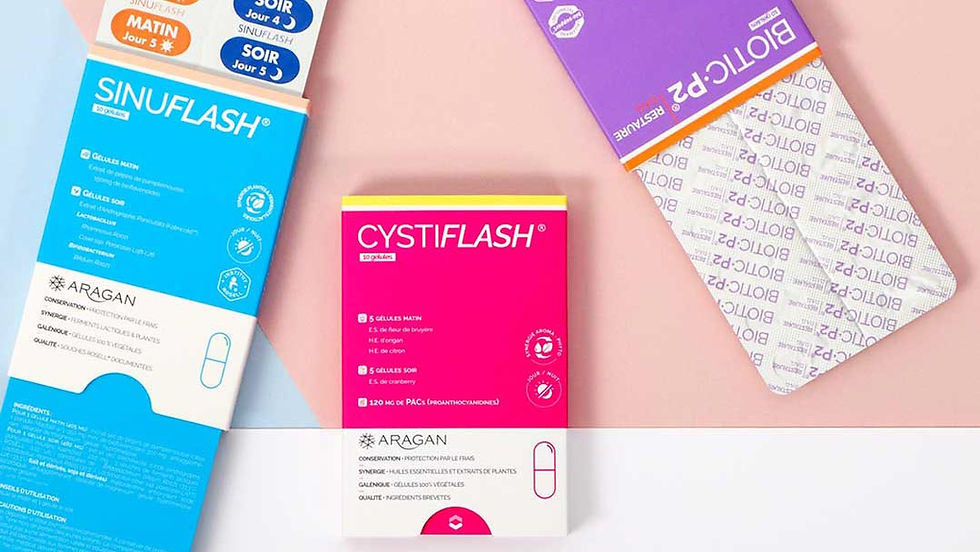 A sliding packaging design
for Aragan with brightly
coloured graphics and a
calendarised blister