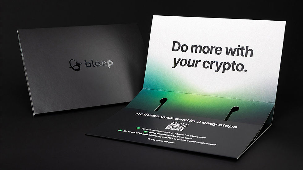 A black folding cardboard
packaging design with varnished
Bleap logo. Inside is
a green and white gradient,
with black text