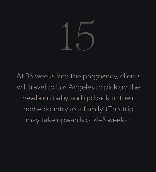 At 36 weeks into the pregnancy, clients will travel to Los Angeles to pick up the newborn baby and go back to their home country as a family. (This trip may take upwards of 4-5 weeks.)
