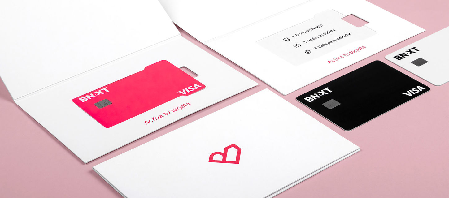 White card packaging
folded open to display
pink bank card