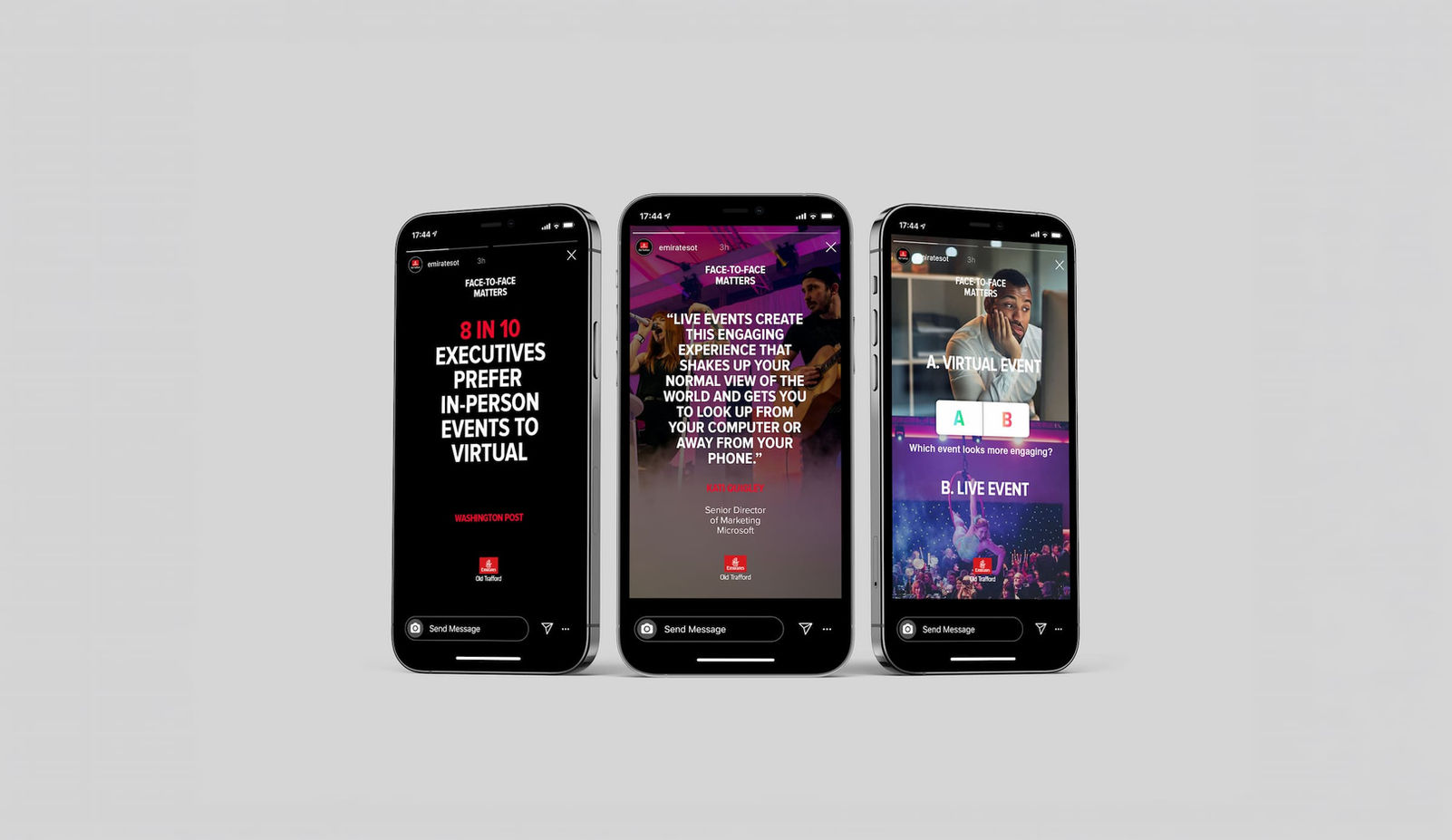 Smartphones displaying social campaign messages about live events for Emirates Old Trafford
