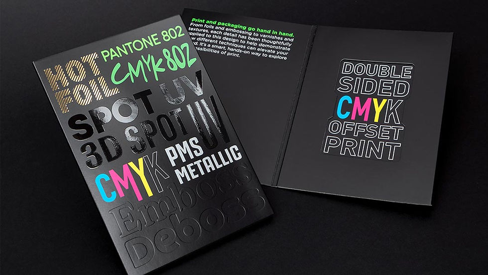 A black folding cardboard
packaging design for a
bank card with lots of
brightly colored text and
different surface finishes