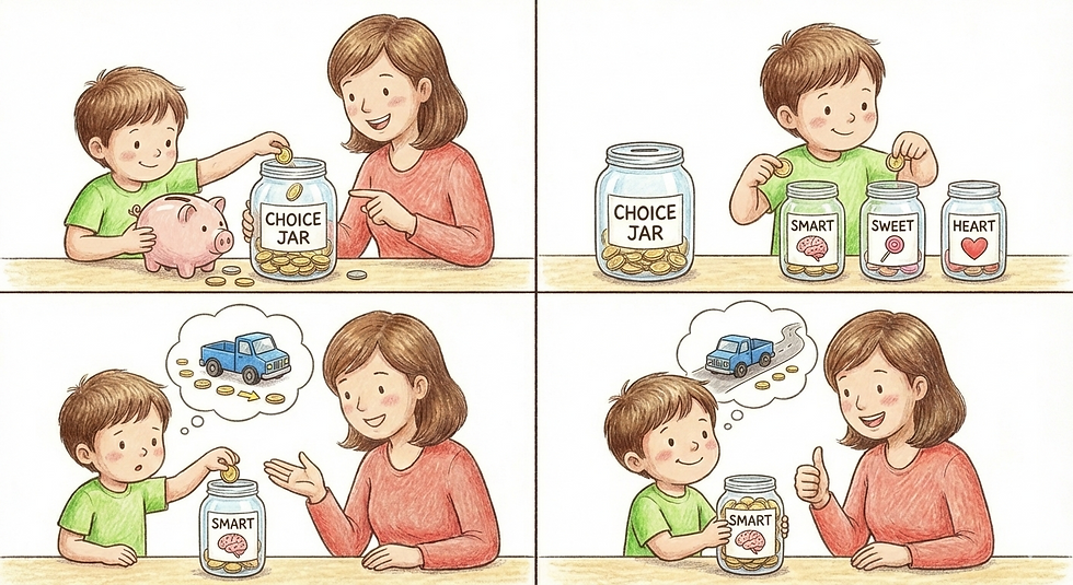 A child standing between a piggy bank and a labeled savings jar, smiling as they work toward their first savings goal.