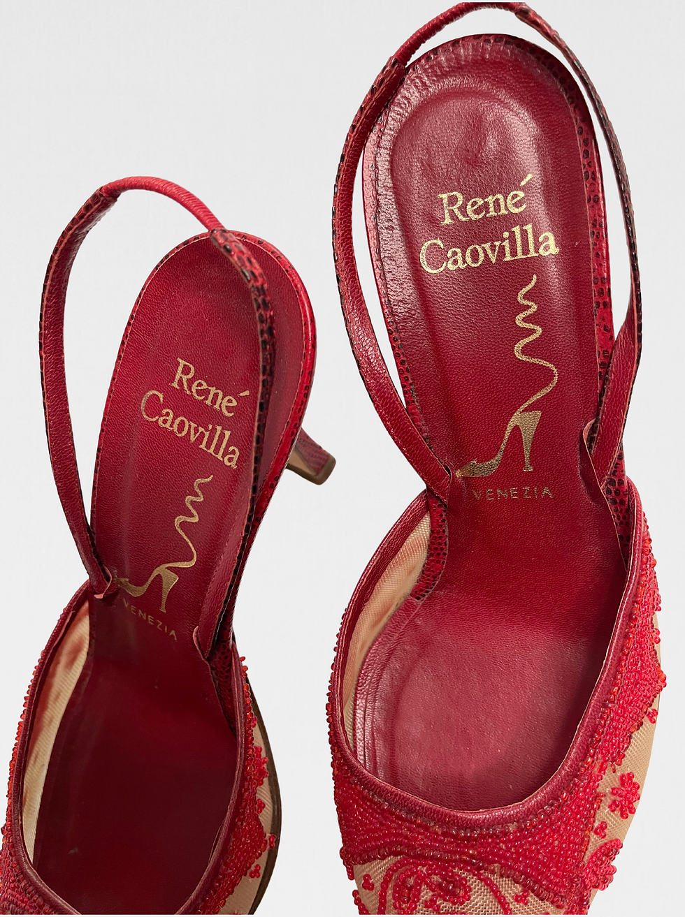 Thumbnail: VINTAGE RENE CAOVILLA RED FLORAL BEADED SLINGBACKS  (38)
