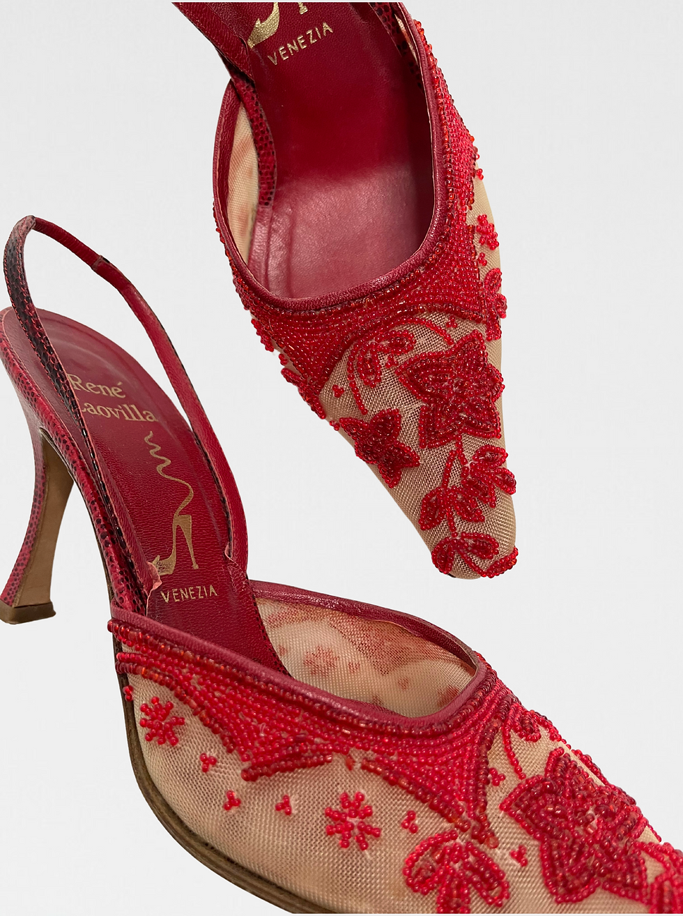 Thumbnail: VINTAGE RENE CAOVILLA RED FLORAL BEADED SLINGBACKS  (38)