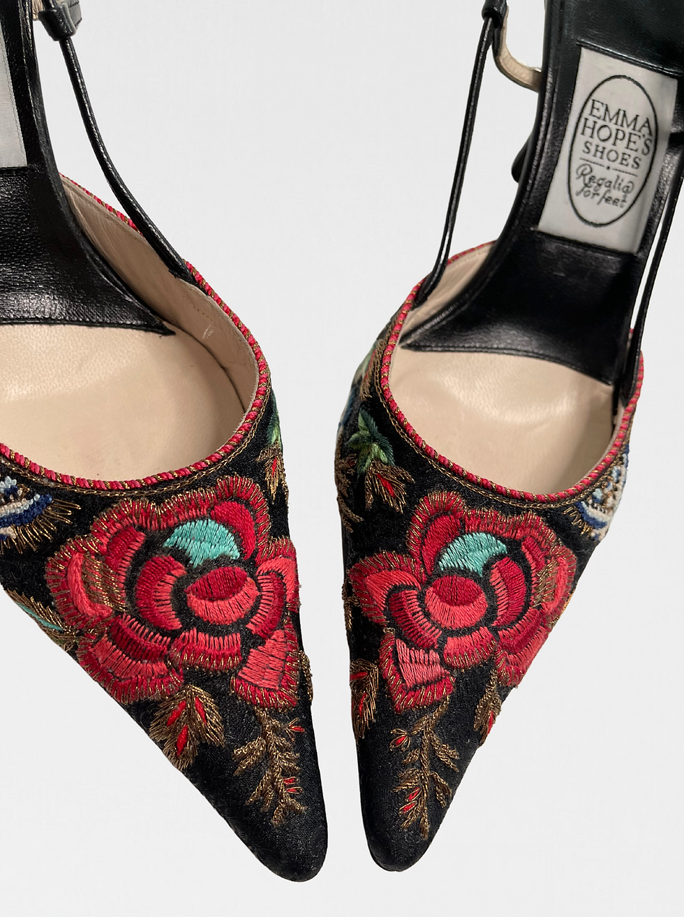 Thumbnail: VINTAGE EMMA HOPE BLACK FLORAL EMBROIDERED SLINGBACKS (38)