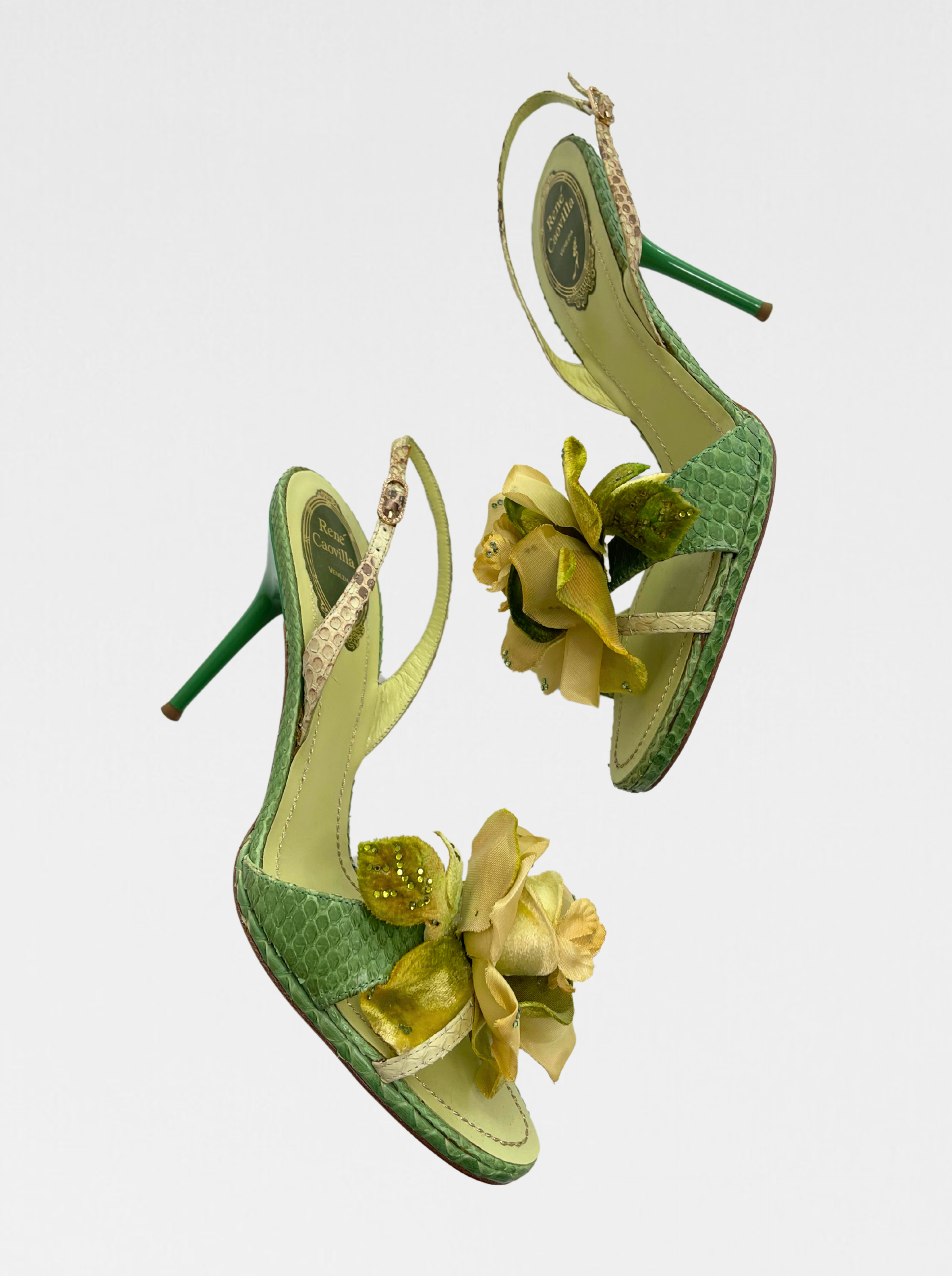 VINTAGE RENE CAOVILLA HEELS, GREEN, FLORAL APPLIQUÉ (39)