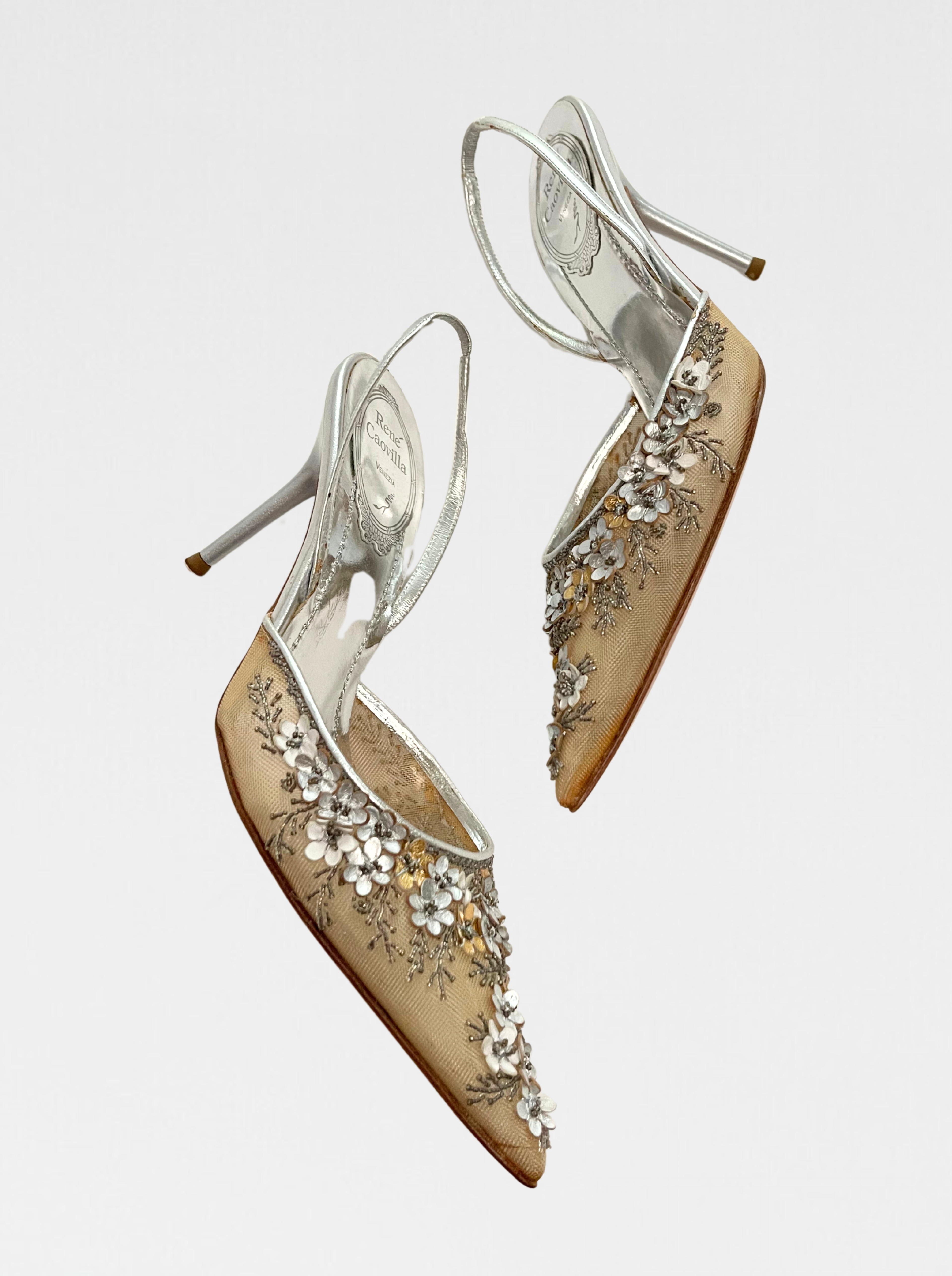 VINTAGE RENE CAOVILLA SILVER FLORAL APPLIQUÉ SLINGBACKS (37)