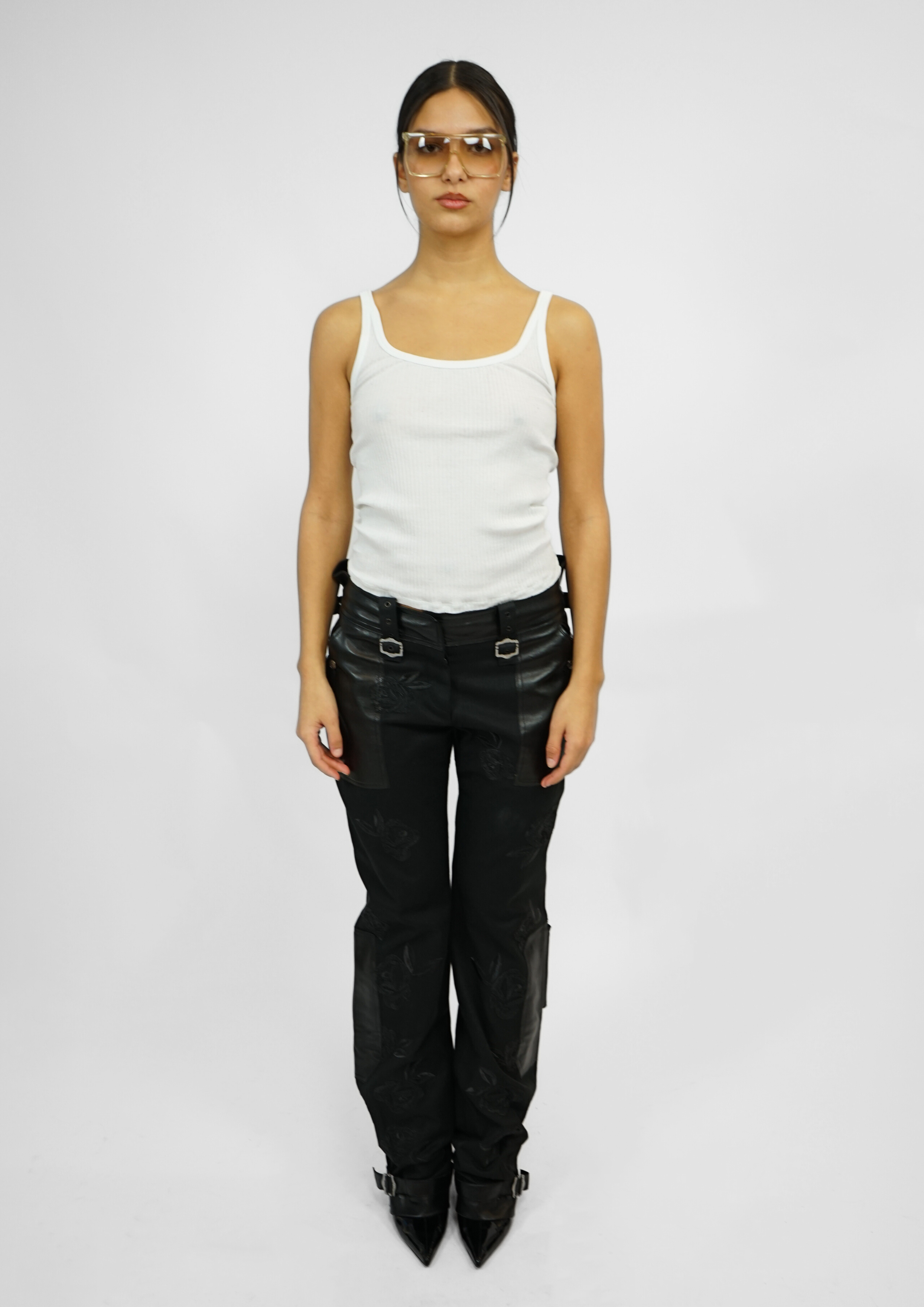 CHRISTIAN DIOR BY JOHN GALLIANO 'RARE' LEATHER AND JEANS EMBROIDED TROUSERS
