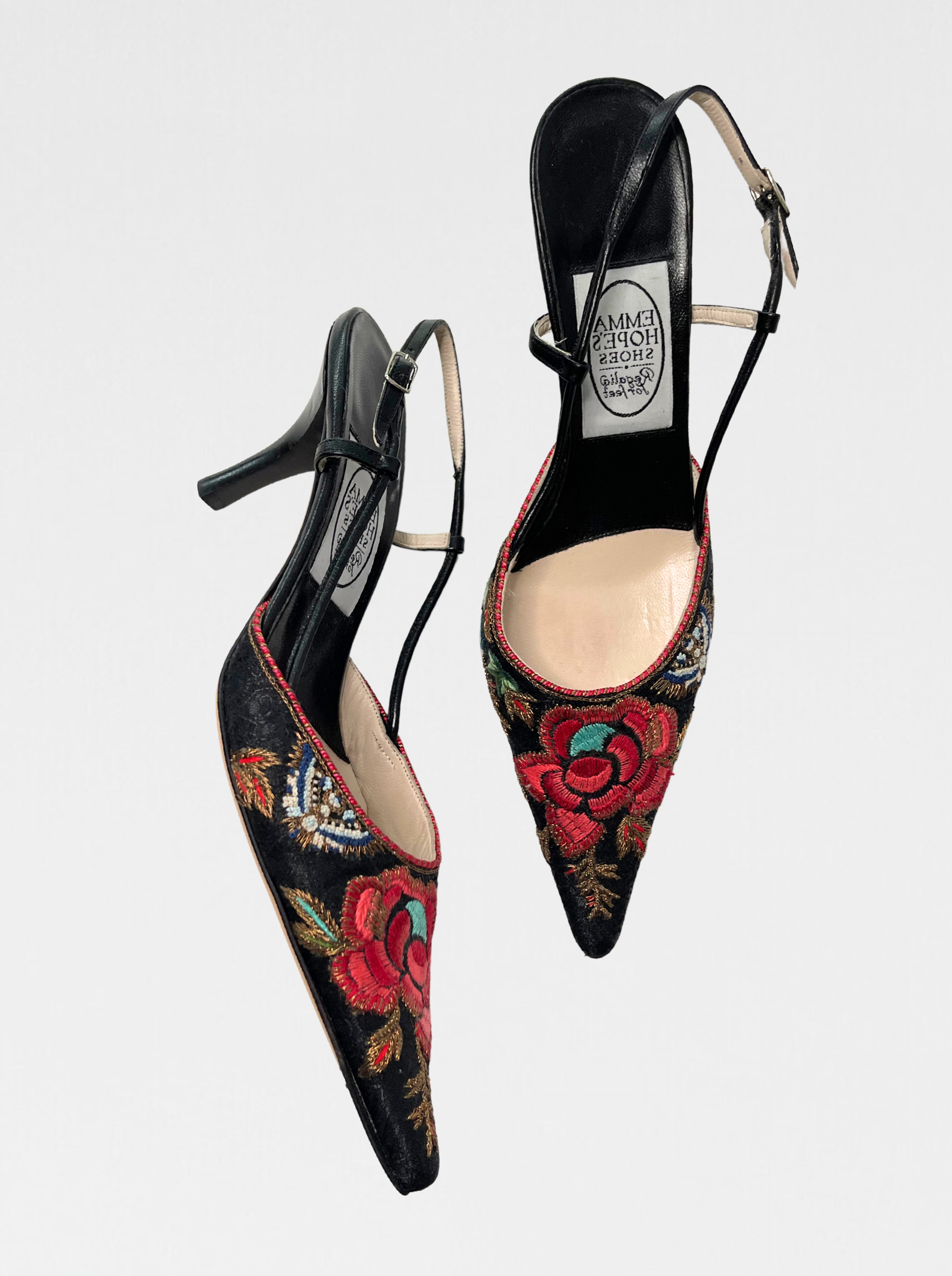 VINTAGE EMMA HOPE BLACK FLORAL EMBROIDERED SLINGBACKS (38)