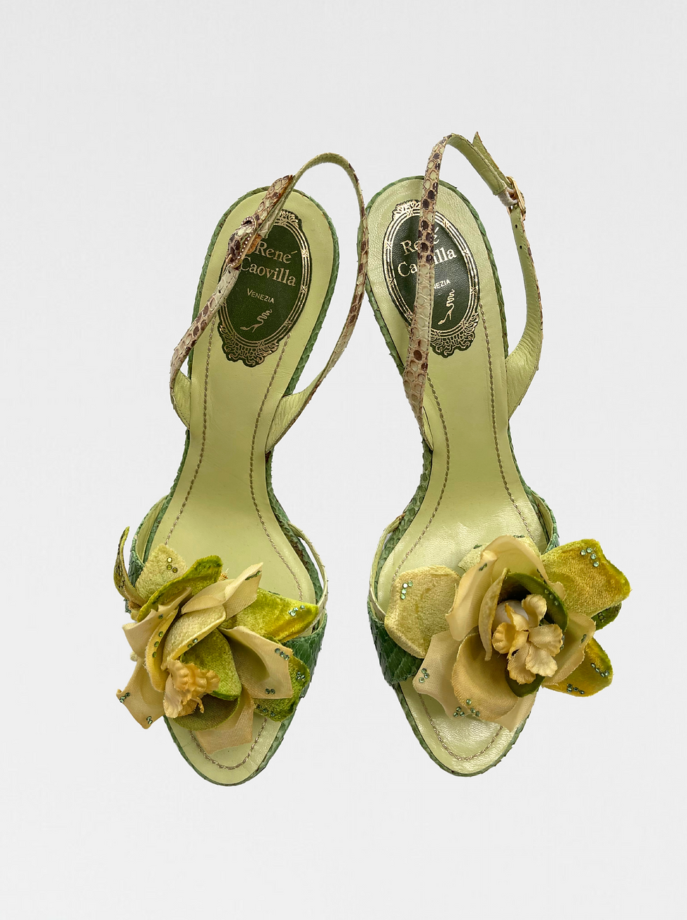 Thumbnail: VINTAGE RENE CAOVILLA HEELS, GREEN,  FLORAL APPLIQUÉ  (39)