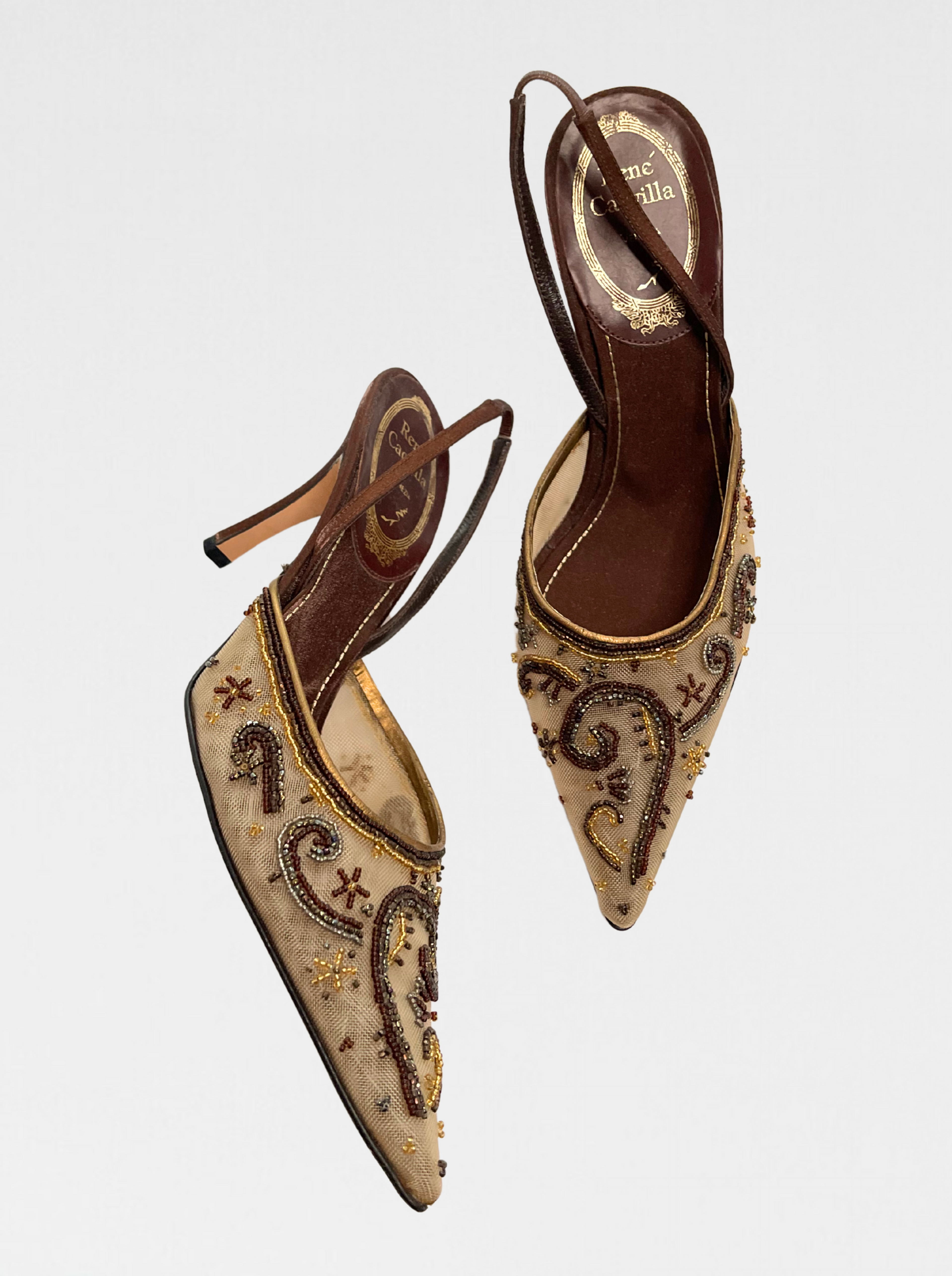 VINTAGE RENE CAOVILLA BROWN BEADED SLINGBACK HEELS (38)