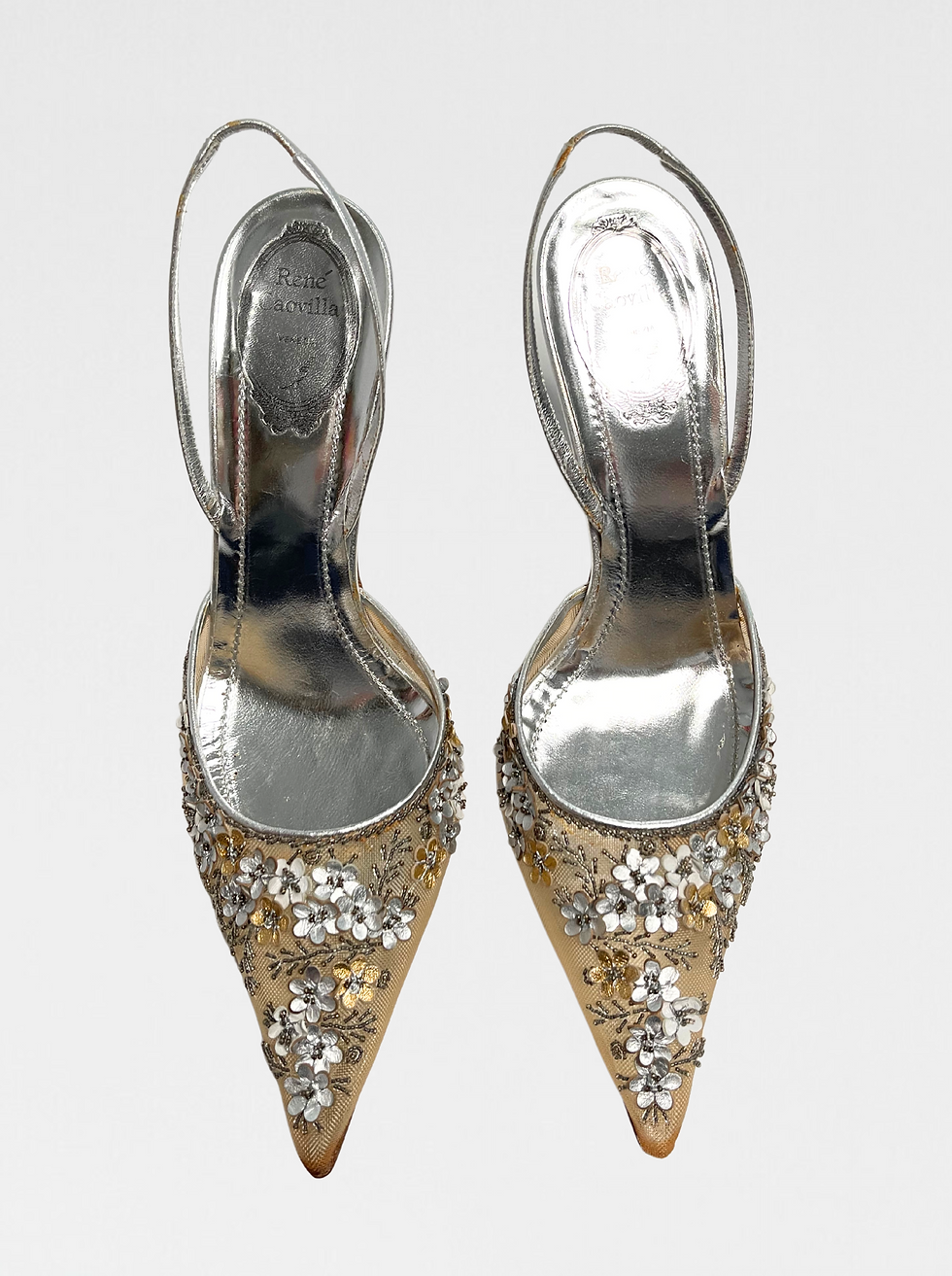 Thumbnail: VINTAGE RENE CAOVILLA SILVER FLORAL APPLIQUÉ SLINGBACKS (41)