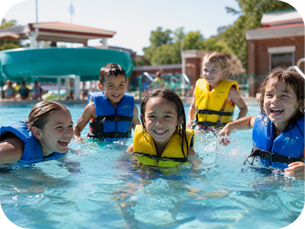 Children wearing lifejackets play together in an outdoor aquatic facility pool.