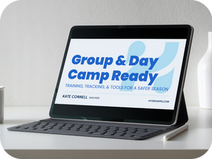 Laptop displaying “Group & Day Camp Ready” webinar slide with the subtitle “Training, Tracking, & Tools for a Safer Season.