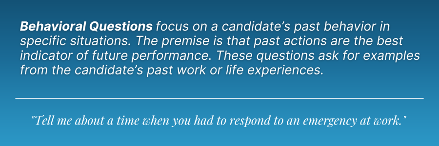 Graphic of definition of Behavioral Questions - focus on a candidate's past behavior in specific situations. The premise is that past actions are the best indicator of future performance. These questions ask for examples from the candidate's past work or life experiences.