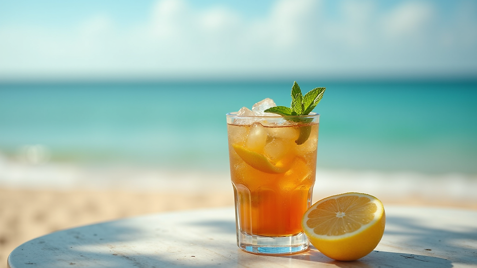 Eye-level view of a glass of iced tea with lemon and mint on a beachside table