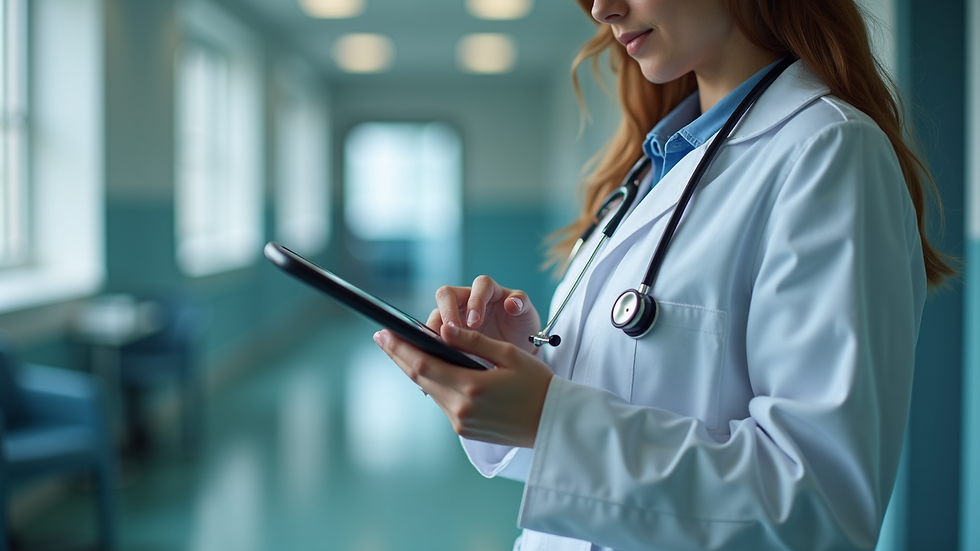 Close-up view of a healthcare professional reviewing medication data on a tablet