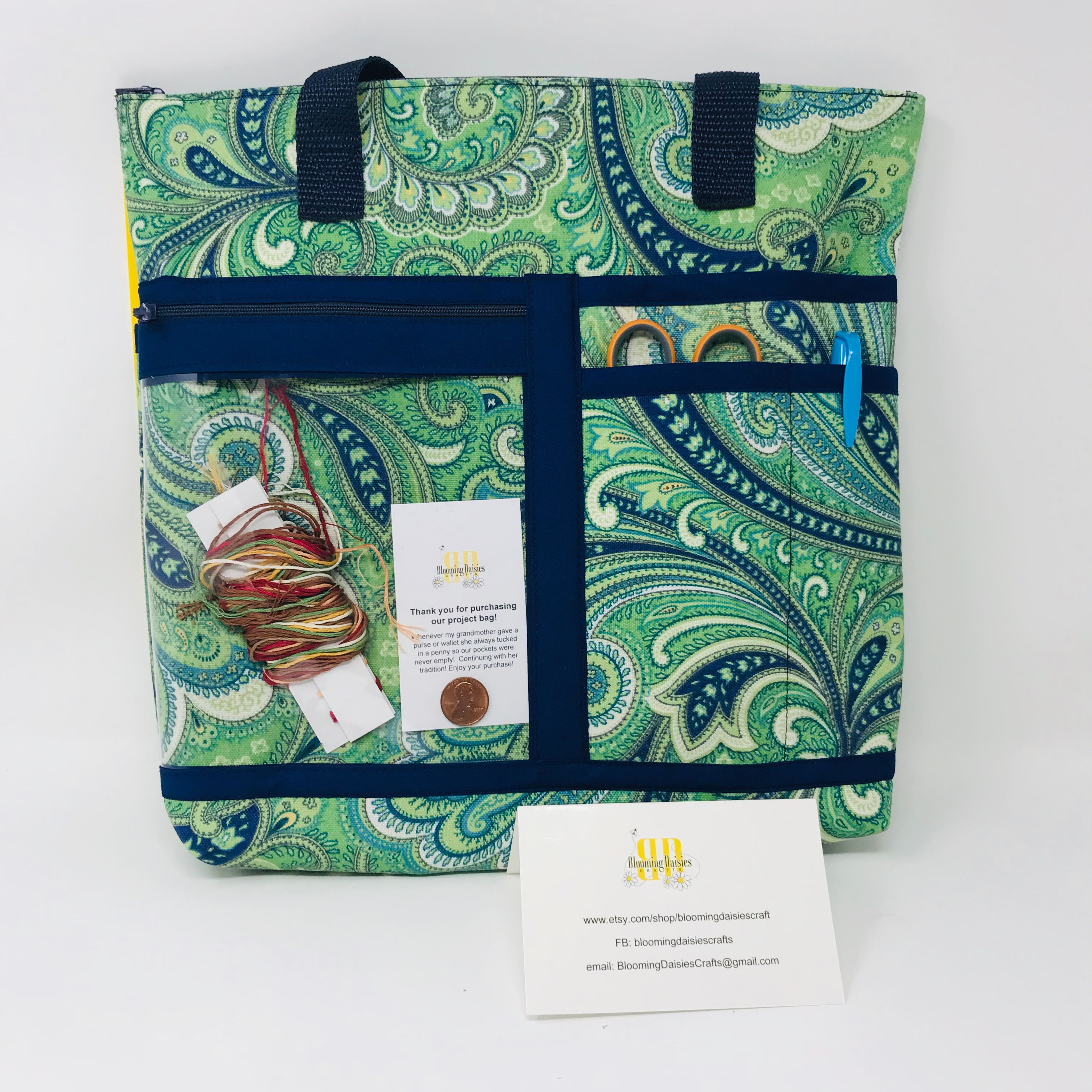 Project Bag - Small Green/Blue Paisley - Cross Stitch/Needlecraft