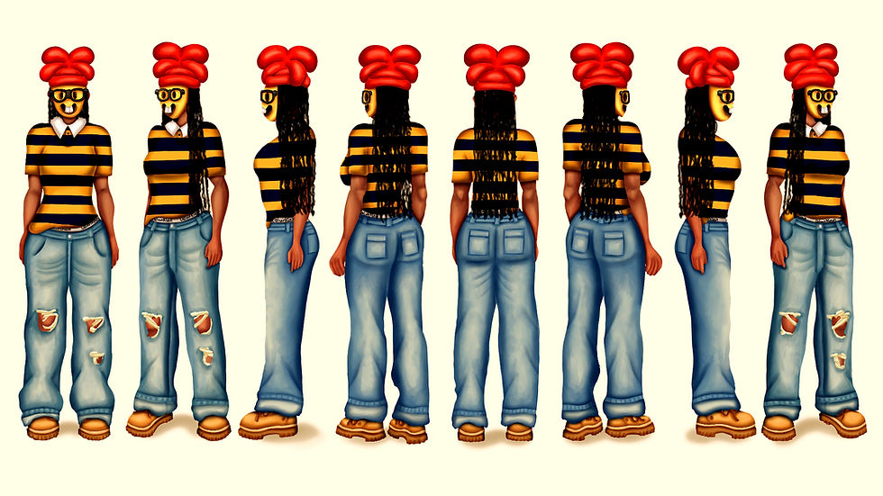 Original character design turnaround sheet featuring Lyra, created by Lydia Johnson for L'Graw Studios. Character design exploring front, side and back views.