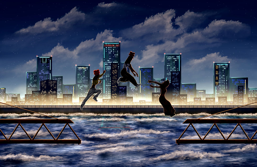 Fantasy concep art featuring an original environment with characters exploring a cityscape. World-building illustration created by Lydia Johnson for L'Graw Studios.