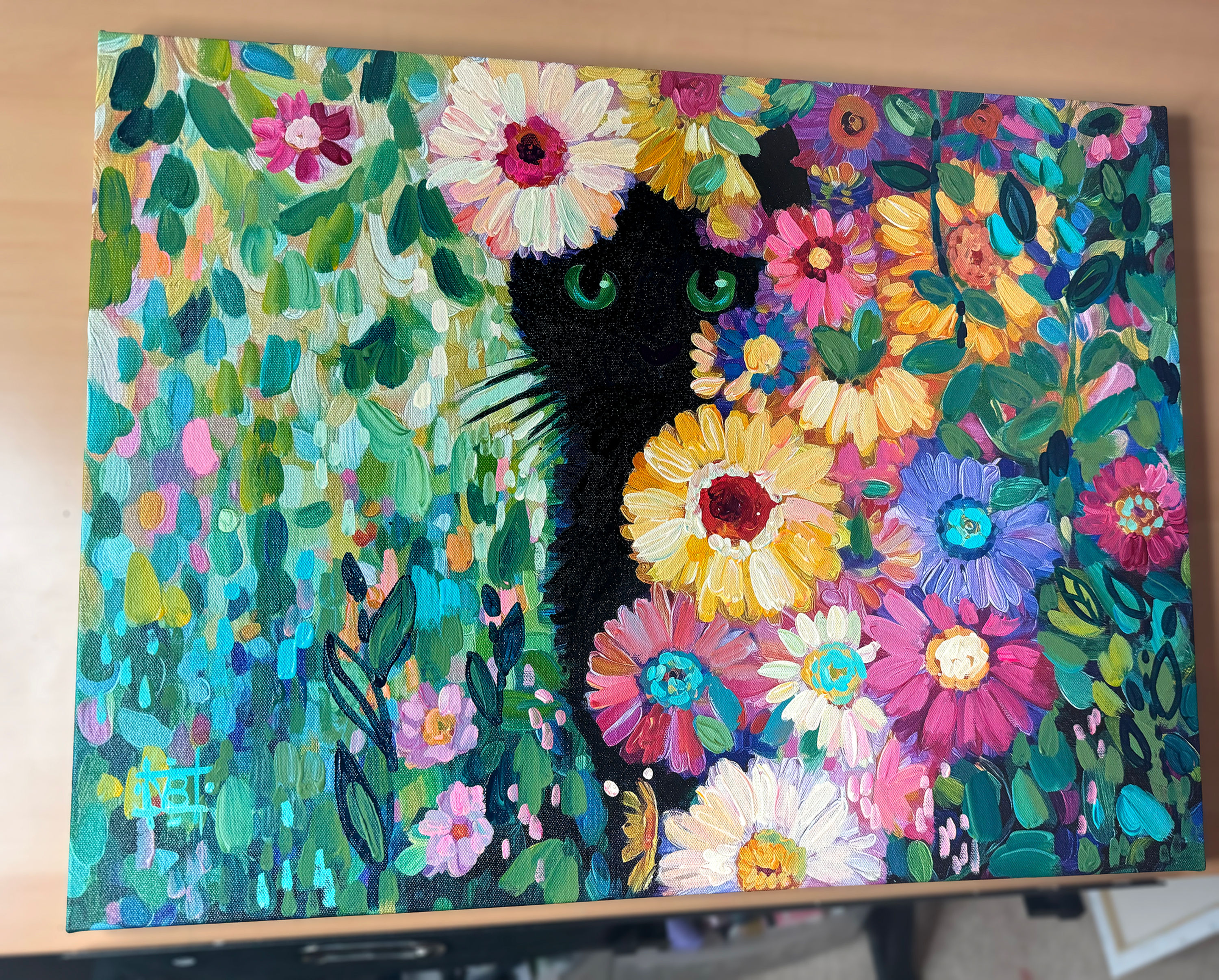 Original Black Cat Garden Art Painting by Natasha Bouchillon
