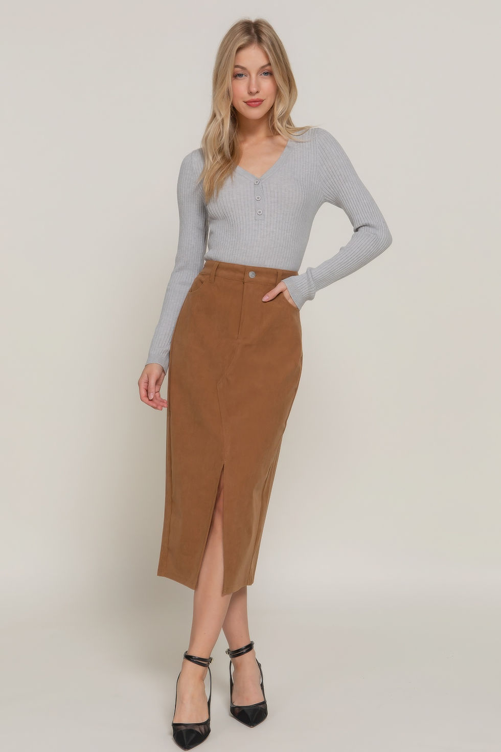 Thumbnail: Front Open Slit Corduroy Midi Skirt        