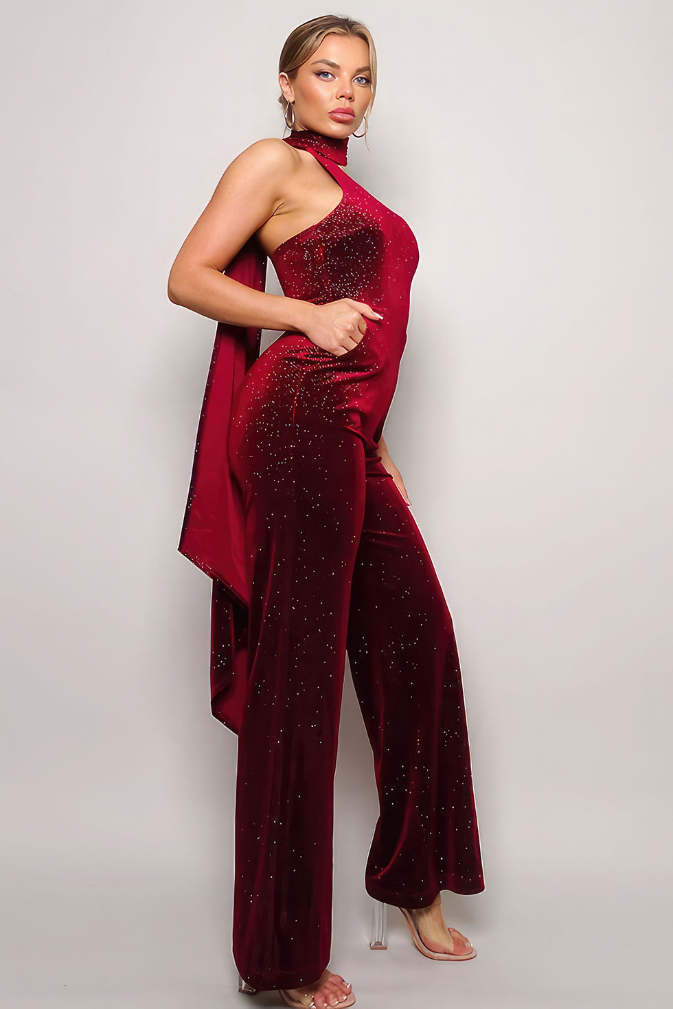 Thumbnail: Scarf Top Glitter Velvet Jumpsuit