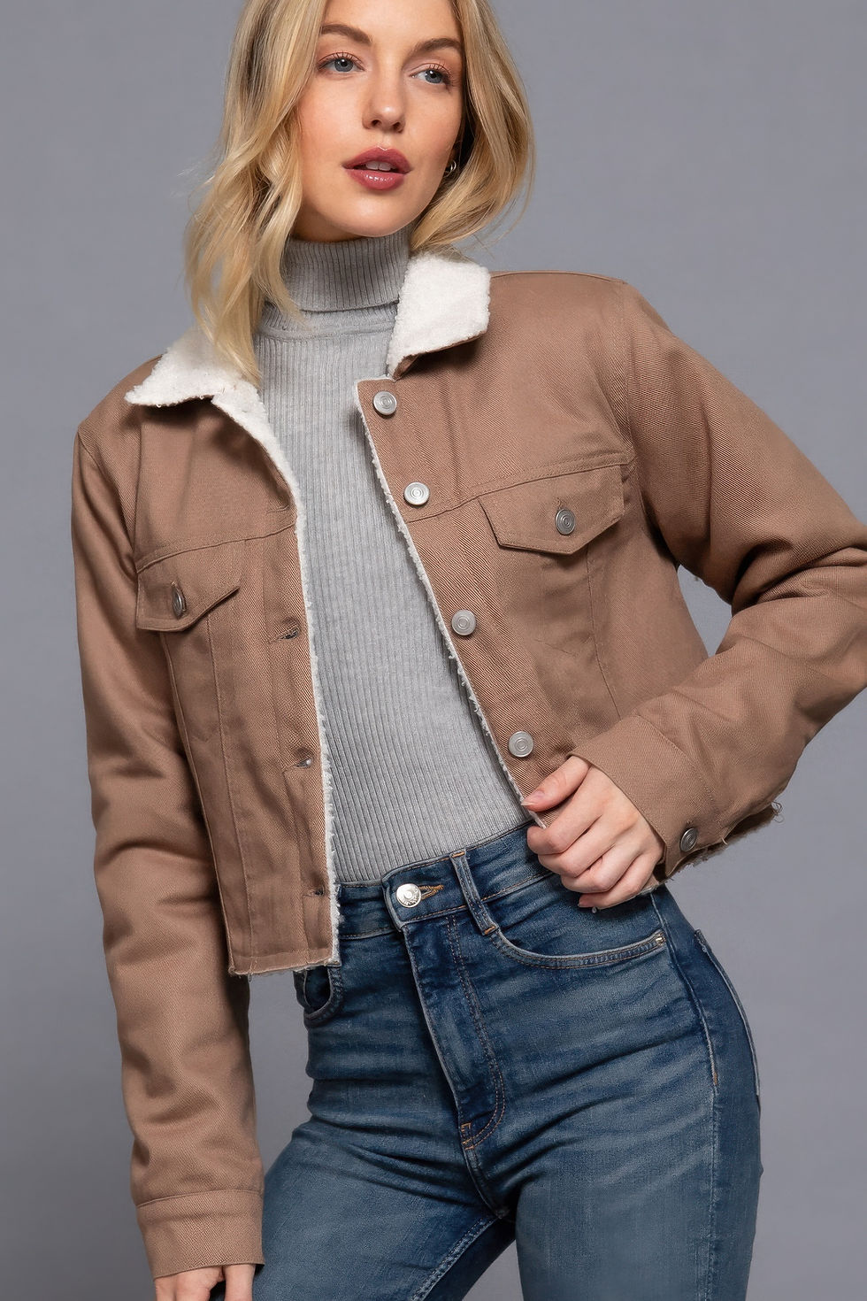 Thumbnail: Button Closure Sherpa-lined Twill Jacket        